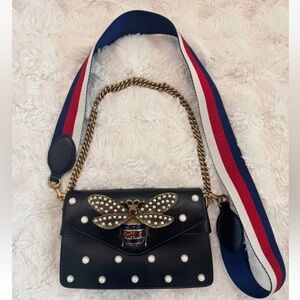 Gucci Black Crossbody Bag with Pearl and Bee Detail